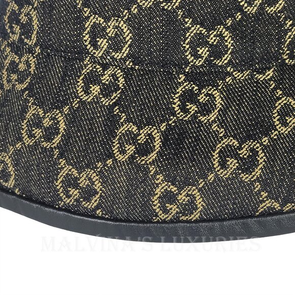GUCCI HAT GG LOGO MONOGRAM JACQUARD BLACK w LEATHER TRIM BUCKET UNISEX - Picture 8 of 16